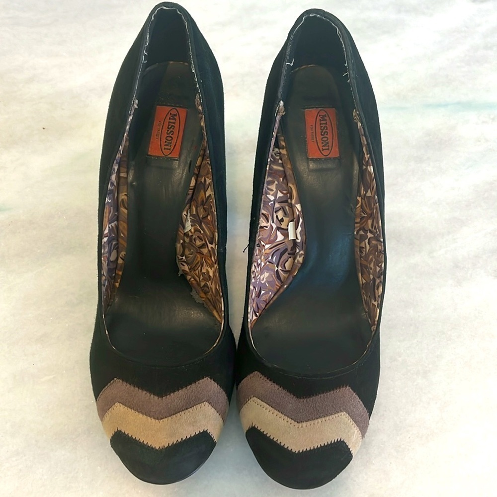 Missoni Black Suede Heels with Brown and Tan Chevron Accents - Picture 3 of 7